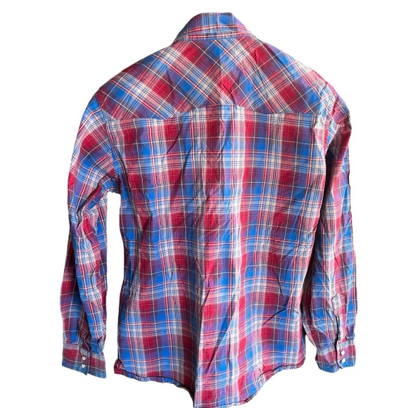 WRANGLER ~ Boy’s Red White Blue Plaid Western Pearl Snap Long Sleeve Button Down - Picture 6 of 8